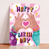 Card birthday congratulation hands making heart friends besties postcard