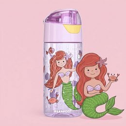 A lightweight, reusable water bottle featuring a mermaid design. The bottle is made of durable plastic and has a flip-top lid for easy drinking. The mermaid design includes vibrant colors and whimsical underwater elements.