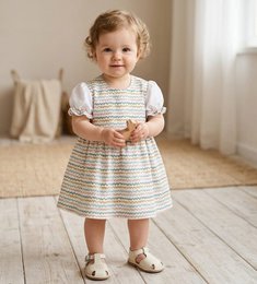 Olive striped baby dress, short sleeves, knit material, A-line shape, neutral tones