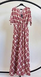Burgundy geometric pattern maxi dress, short sleeves, women's casual long dress.