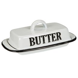 Enamel butter dish with a white finish and the word "BUTTER" printed in black text. The dish has a domed lid and a sturdy handle for easy transport.