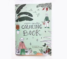 Organic Agriculture Coloring Book for kids, featuring illustrations of plants, animals, and people in a whimsical, nature-inspired design.