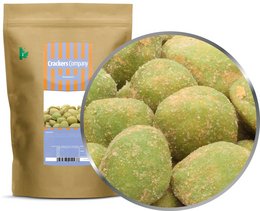 Green, round, breaded ravioli-shaped snacks with a wasabi flavor.