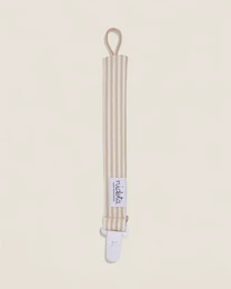 Sand striped pacifier clip, vertical ribbed textile design with loop attachment, neutral beige color