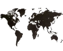  A large, black and white world map made of wood. The map features the continents and major landmasses in a minimalist, abstract design. Available in three different sizes: 90 x 54 cm, 130 x 78 cm, and 180 x 108 cm.