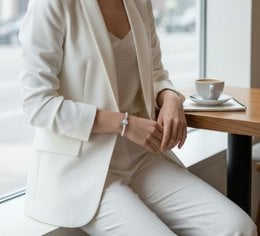 Elegant beaded bracelet with heart-shaped moonstone and opalite charms. Features smooth, round white beads with a delicate, feminine design.