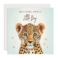 Card congratulation birth boy cute leopard star baby