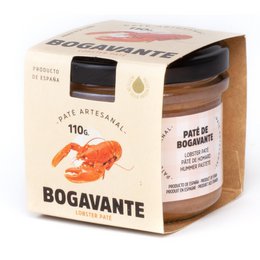 Savory lobster pâté in a glass jar with a red and white label. The pâté is made by the artisanal brand Bogavante.