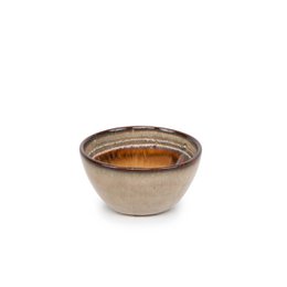  Small, round ceramic sauce bowl in a neutral, earthy color palette. Suitable for serving sauces, dips, or small portions of food.