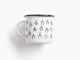 White enamel mug with black graphic pattern of middle finger hand gestures.