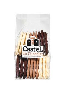 Castel du Chocolat hand sprayed pretzels mixed