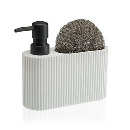 A white, ribbed ceramic dispenser with a black pump and a round, textured sponge.