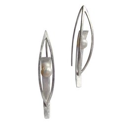 Elegant silver-toned statement earrings featuring a single pearl accent. The elongated, curved design creates a modern, minimalist look.