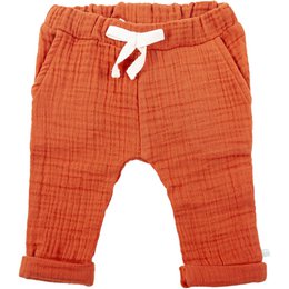  'Rust-colored cotton pants with drawstring waist and cuffed ankles. Suitable for casual wear for children.'