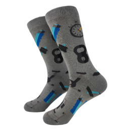 Gray gym socks with blue and black fitness equipment icons.