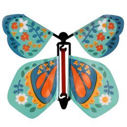 Vibrant blue and orange butterfly-shaped toy with floral patterns, designed to be wound up and released to fly.