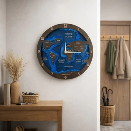  Dark-colored world map clock with continents and oceans labeled. Features a round, analog clock face with hour and minute hands.