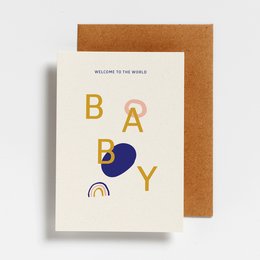 Colorful welcome baby card with text "BABY" and abstract shapes.