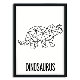A geometric black and white poster featuring a dinosaur silhouette. The poster has a minimalist, modern design and the text "DINOSAURUS" below the dinosaur shape.