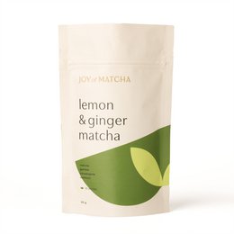 Lemon and ginger flavored matcha tea powder with a vibrant green color and earthy, citrusy aroma. Suitable for hot or iced tea preparation.