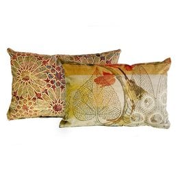 Decorative throw pillow with abstract floral and leaf patterns in warm autumn colors including yellow, orange, and red.