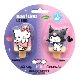 Two scented, flavored lip balms featuring Hello Kitty and her friend Kuromi. The lip balms are vegan, hydrating, and suitable for children.