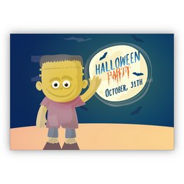  Spooky Halloween invitation card featuring a cartoon Frankenstein character and text announcing a Halloween party on October 31st. The card has a blue background with a night sky and the Frankenstein character holding a speech bubble with the party details.