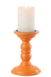  Vibrant orange and pink candle holders made of mango wood, featuring a tall, cylindrical shape and a textured, dotted pattern. Suitable for use as a decorative centerpiece or accent piece.