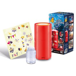  Colorful bubble-making toy with a red canister and a box featuring various cartoon characters.