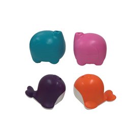 Colorful plastic bath toys in the shapes of animals, including a blue elephant, pink pig, purple hippo, and orange fish. The toys appear to be designed for young children to play with in the bathtub.