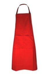 Red apron made of 65% polyester and 35% cotton, weighing 210 g/m², with dimensions of 75 x 95 cm.