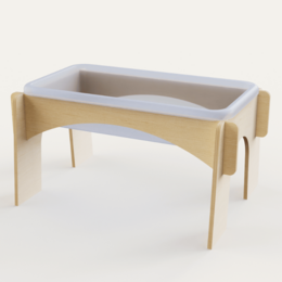  A foldable, high-design sensory toy for sand and water play. Features a rectangular white tub with wooden legs in a natural finish.