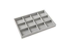  Gray jewelry tray with 12 compartments for organizing and displaying jewelry.