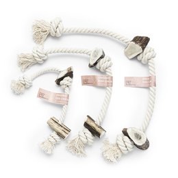 A cotton rope chew toy for pets, featuring multiple knotted sections and a variety of textures to engage and entertain dogs. The toy is available in multiple sizes to accommodate different pet needs.