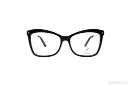 Black rectangular eyeglasses with gold accents on the temples.