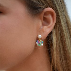 Multicolor crystals earrings pearl stud, gold plated