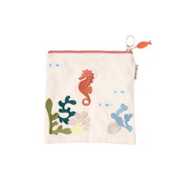 A small, rectangular pouch with a pink and white background featuring a seahorse, coral, and other marine life designs. The pouch has a zipper closure and is suitable for storing pencils, pens, or other small items.