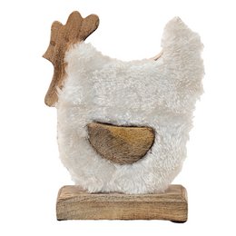 Decorative white and brown chicken figurine, 15x5x19 cm in size, made of plush material with wooden base.