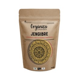 Organic powdered ginger, a natural meal supplement drink. The product is packaged in a brown paper bag with the brand name "Organica" and the product name "JENGIBRE" (Spanish for ginger) prominently displayed. The packaging also includes nutritional information and other product details.