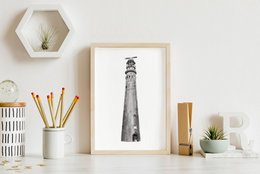 Black and white poster of the Noordertoren lighthouse on the island of Schiermonnikoog. Framed wall art for home decor.
