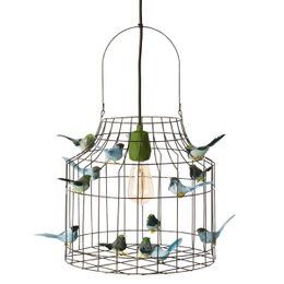 A hanging lamp with a wire cage design featuring decorative birds in green, blue, and white colors. The lamp has a rustic, nature-inspired style suitable for a kids' room or nursery.