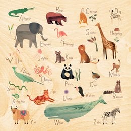 Colorful animal-themed poster with letters and illustrations of various animals including an alligator, bear, elephant, fox, giraffe, and more. The poster appears to be an educational or decorative item.
