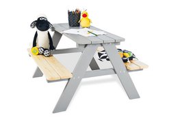 Grey children's picnic bench for 4 people, suitable for outdoor play and activities.