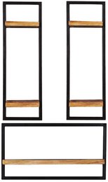 A set of 3 wall shelves with a modern, minimalist design. The shelves feature a combination of black metal frames and natural wood surfaces, providing a stylish and functional storage solution for any room.