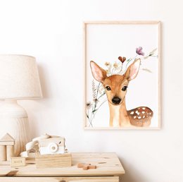 Deer poster, deer print, cute deer print, woodland animals nursery print, floral nursery print, wildflowers print, girls nursery poster, girls room poster