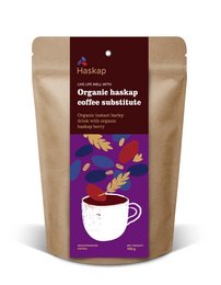 Organic haskap coffee substitute, caffeine-free, made from natural haskap berries, with a rich, earthy flavor.