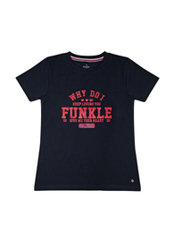 Black short sleeve kids shirt with red Funkle logo text print, jersey cotton material.