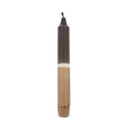 Dip-dyed dinner candle in black, white, and gold colors. Cylindrical shape with a pointed tip. Suitable for use on dining tables or as home decor.