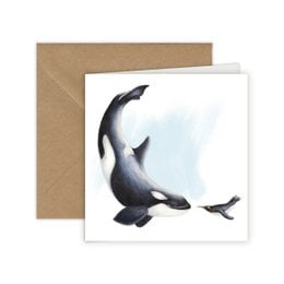 "King Penguin and Killer Whale greeting card, 13 x 13 cm, featuring a black and white illustration of the two marine animals."