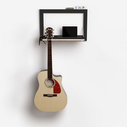  Black wall-mounted guitar display shelf with space for storage and display.